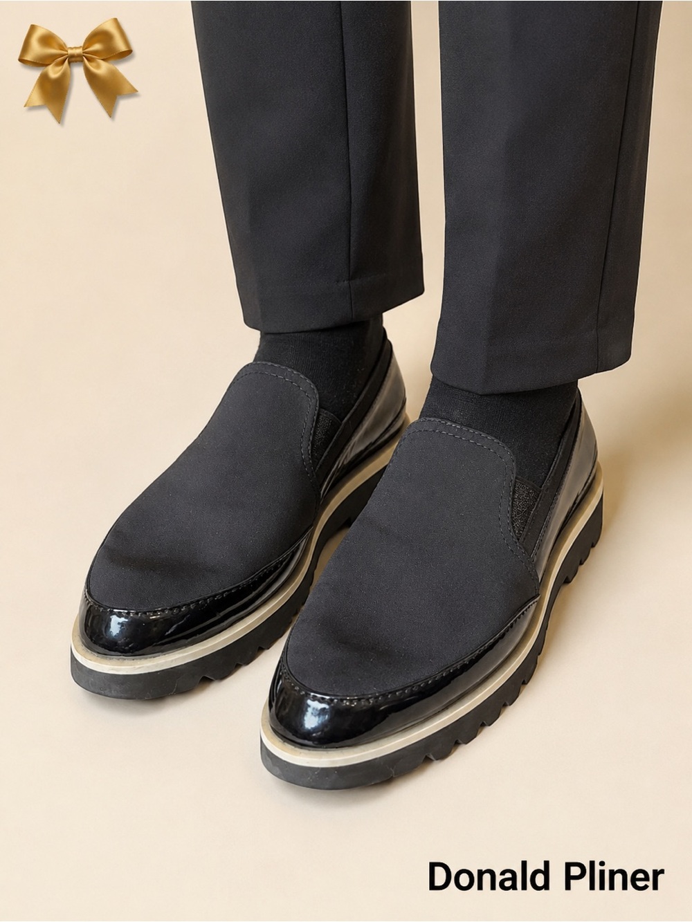 Donald Pliner Conner Black Stretch Fabric Patent Platform Loafers 6.5M - Picture 1 of 9